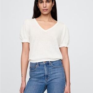 GAP Cream Linen-Blend Puff-Sleeve Sweater Top
